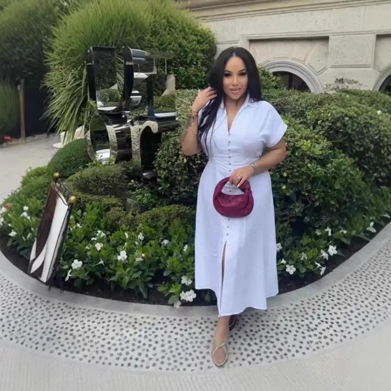 Women Casual Long Shirt Dress Turn Down Collar Single Breasted Splice Short Sleeve Solid Vestidos Tight Waist Summer 2025