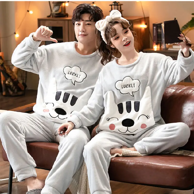 Couple Pajamas Set Winter Flannel Pyjamas Women Home Wear Nightwear 2Pcs Men's Sleepwear Cartoon Cat Pijamas Warm Clothes Suit