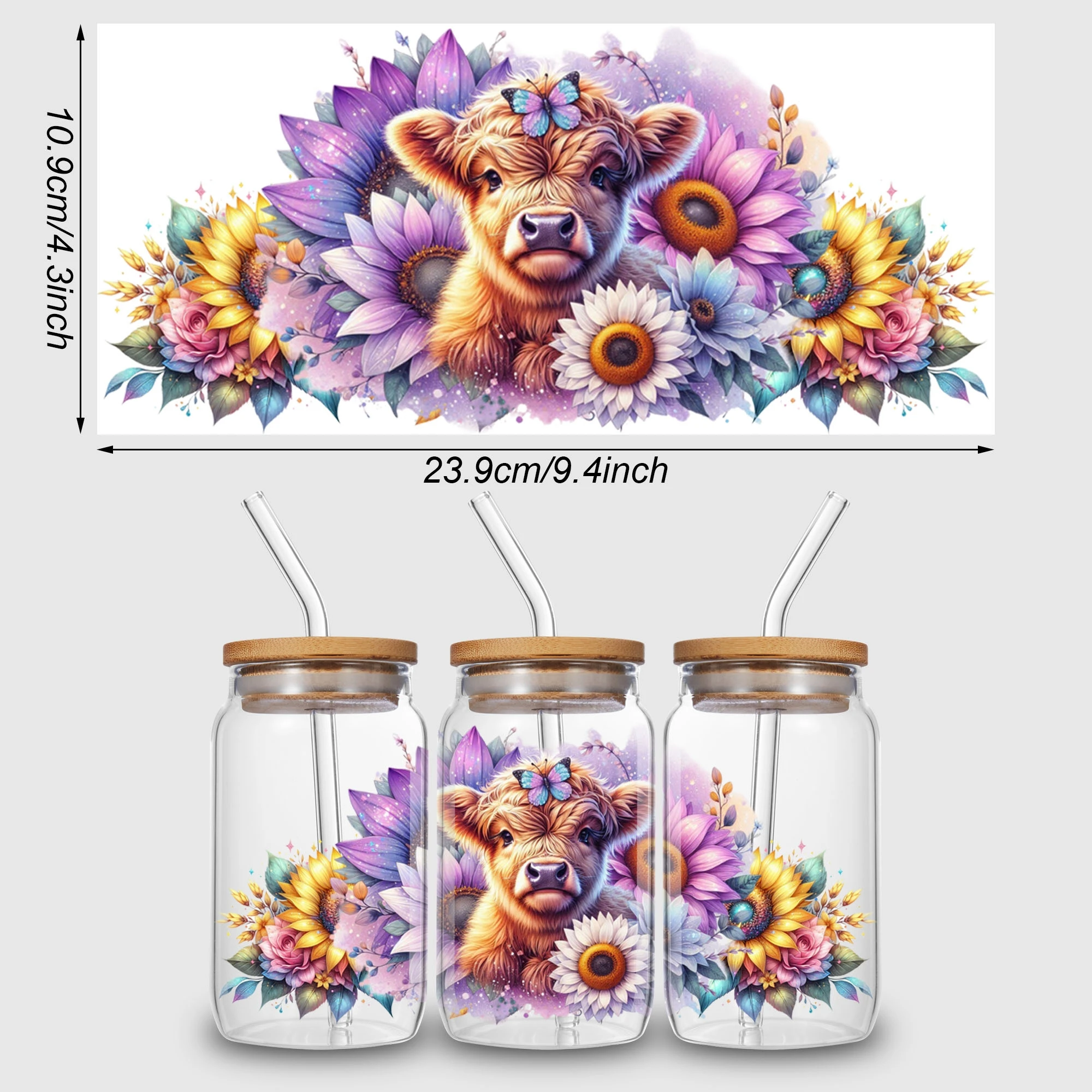 5 Sheets Highland Cow UV DTF Cup Stickers DTF Transfer Stickers Waterproof Funny Cow Wipe-Off Transfer Paper for 16oz Glass
