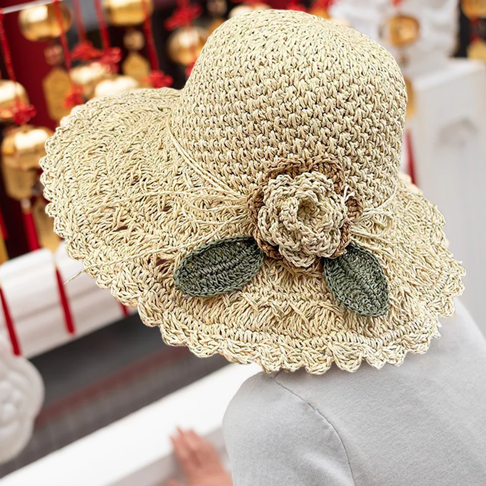 Portable Ladies Straw Hat With Flowers Women Travel Beach Hats Comfy Face Sunscreen Caps for Spring Summer