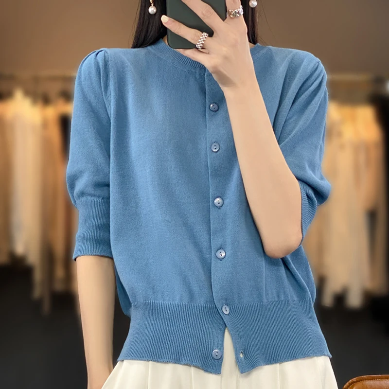 

2023 Summer Knitted Cardigan T Shirt Women Button Half Sleeve T Shirts Casual Woman Clothes Tops Ladies Tees Camisetas De Mujer