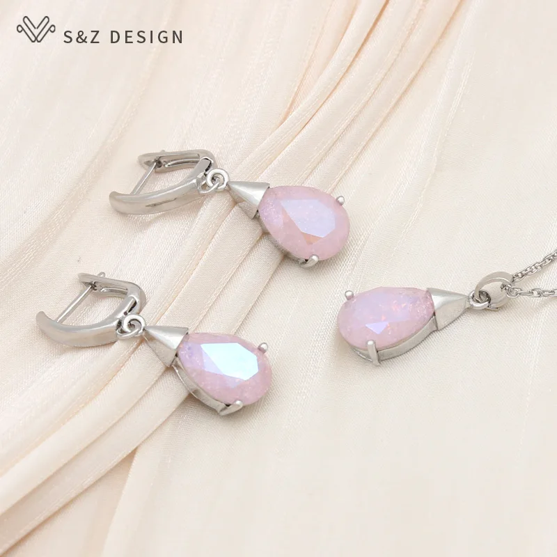S&Z DESIGN New Elegant Water Drop Crystal Dangle Earrings Jewelry Sets For Women Personality Party Pendant Necklace