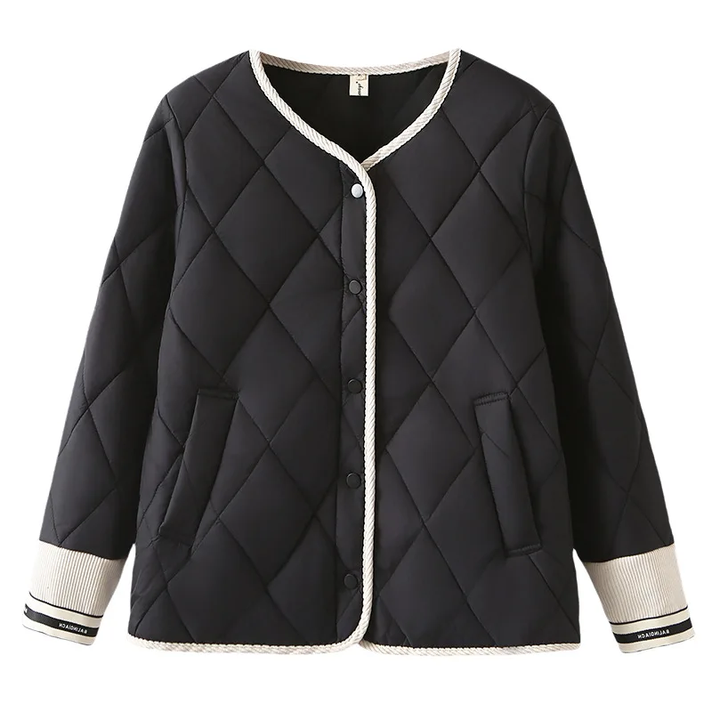 Plus Size Women Parka Autumn/Winter New Fashion Block Color Loose Argyle Padded Coat 2429