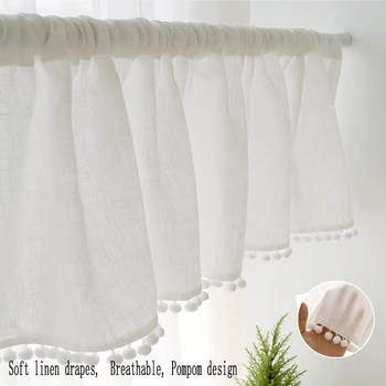 Finestra Tende trasparenti Pompon Lino Nappa Palla Asta Tasca Tende corte in voile Pannelli per cucina Soggiorno Decorazioni per la casa 1