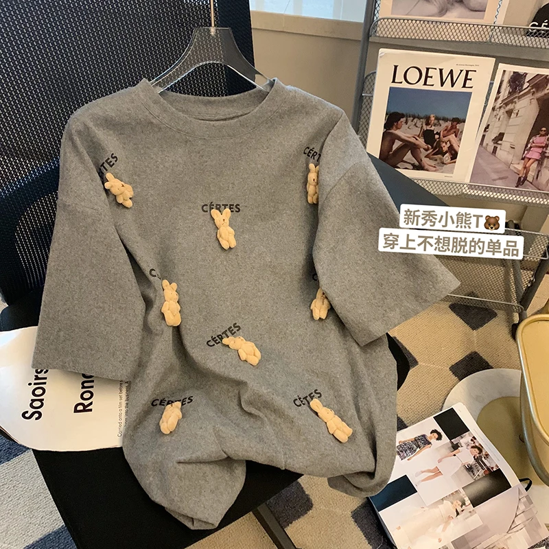 

Thicken Sanding Short Sleeve Women T-shirt 2023 New Spring Fashion Rabbit Pendant All-match Age Reducing Casual Cotton Tops