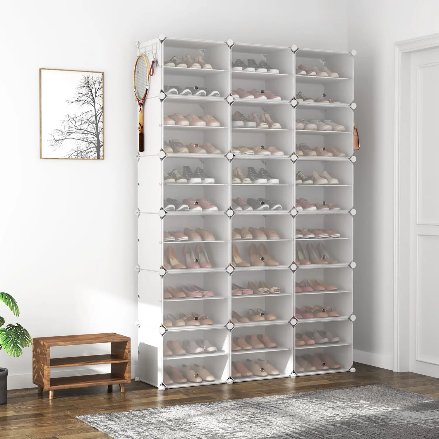 Portable Shoe Rack Organizer with Door, White Shoe Storage