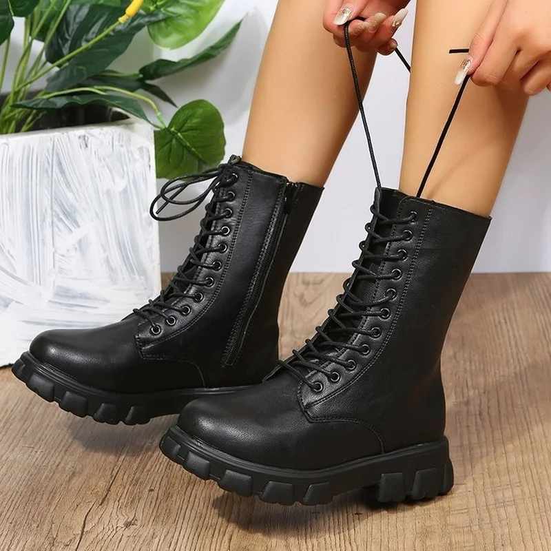 Pu Leather Combat Ankle Boots Women 2022 Autumn Winter Gothic Platform Shoes Ladies Black Lace Up Short Motorcycle Boots Girls