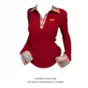 Slim Fit Long Sve  Ne T-irt Red id Pattern Embroidery American Sle oulder Women's Faion New Sle Top irt