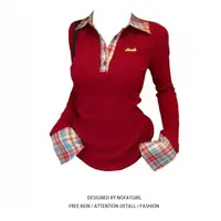 Slim Fit Long Sve  Ne T-irt Red id Pattern Embroidery American Sle oulder Women's Faion New Sle Top irt