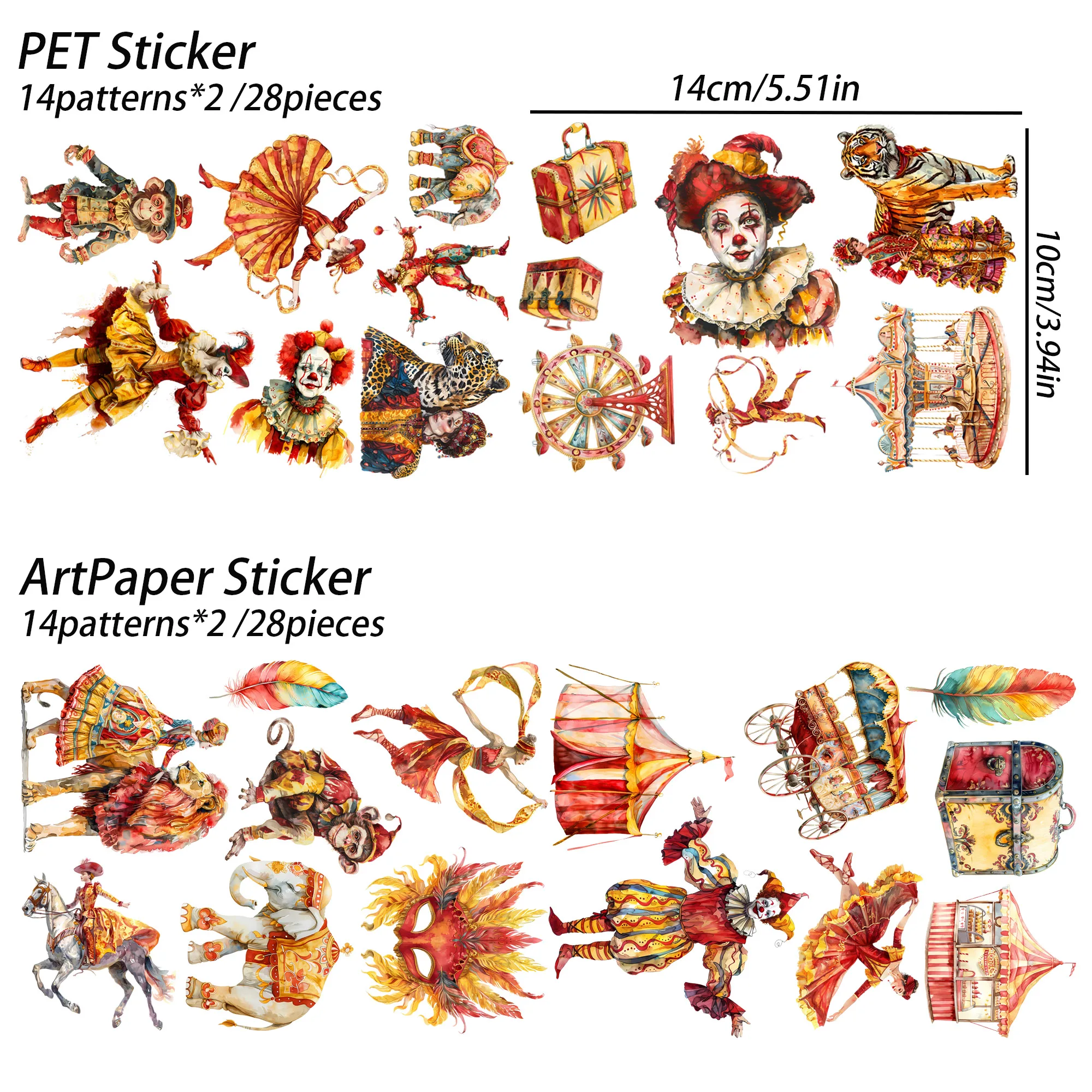 56pcs-68pcs PET and Art Paper Circus Theme Self-adhesive Aesthetic Sticker Pack for Arts Crafts DIY Decor Sticker Clip Art self adhesive stickers stationery supplies