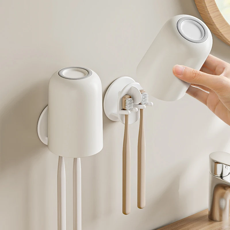Wall-mounted Toothbrush Holder With Mouthwash Cup Bathroom_voghion.com