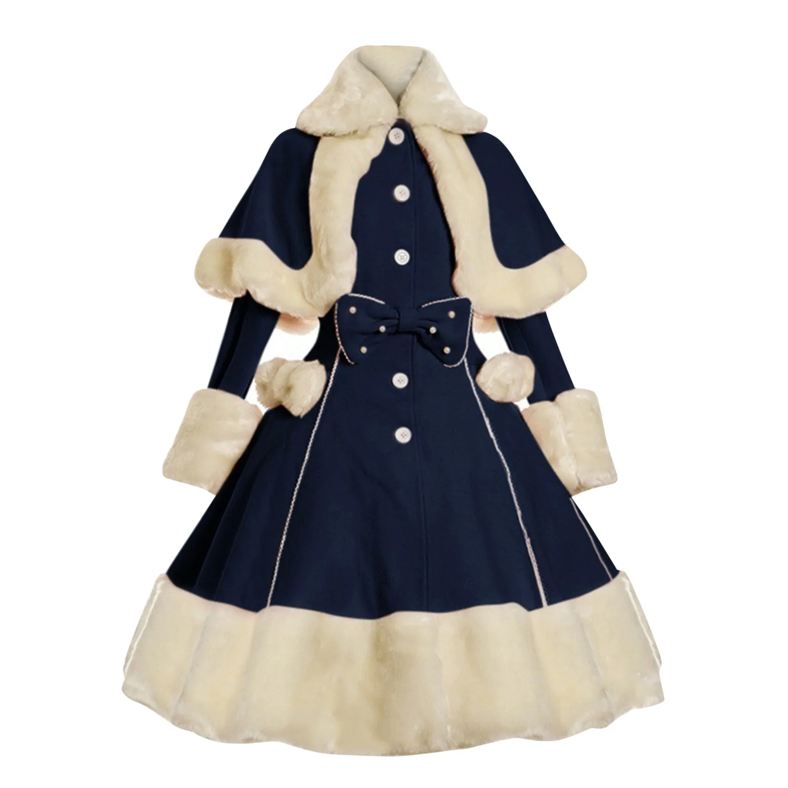 Vintage Gothic Lolita Dress Suit Women Fur Collar Long Sleeves Shawl Cute Single-breasted Winter Warm Thick Bow Dresses lolita dress lolita suspender dress lolita cosplay costumes suspender dress