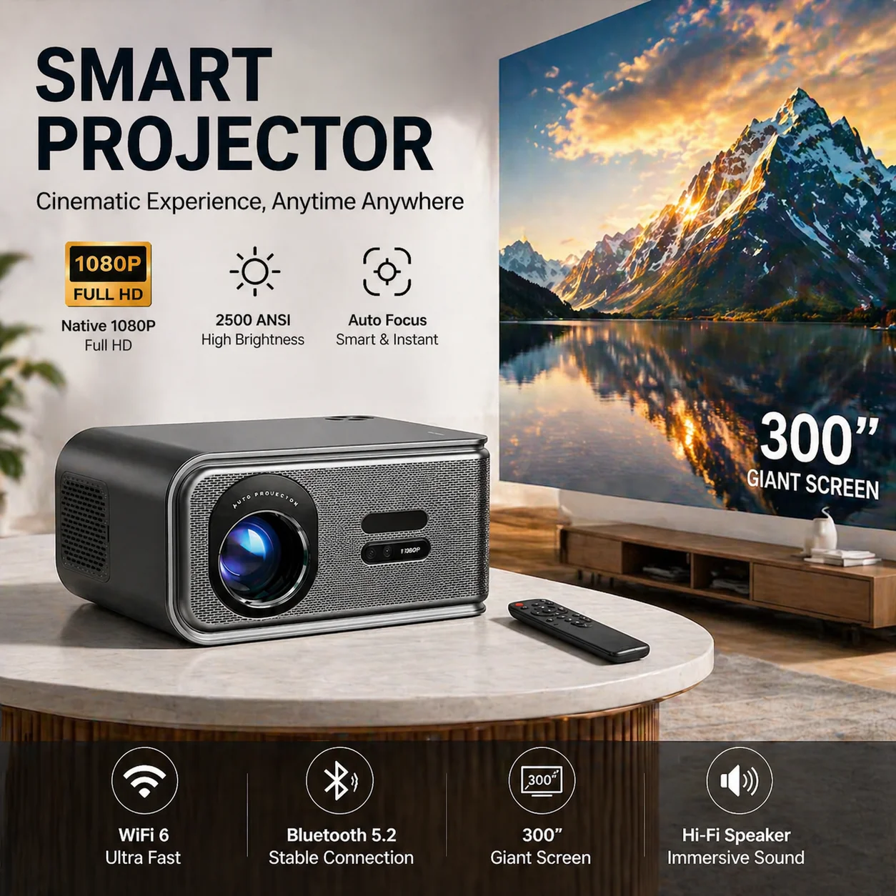 프로젝터 2500ANSI LM 풀HD 1920*1080P HDR10+ 8K 비디오 지원 구글 플레이 Wifi6 BT5.4 하이파이 스피커 홈시어터 오토포커스
