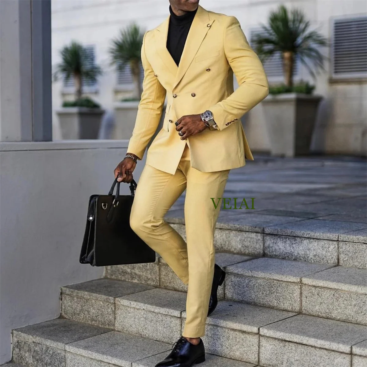 Customi2 Pieces Peak Lapel Double Breast Yellow Men Suit Slim Fit Tailor Made Groom Tuxedos Party Business Formal Suit Jacket Pa