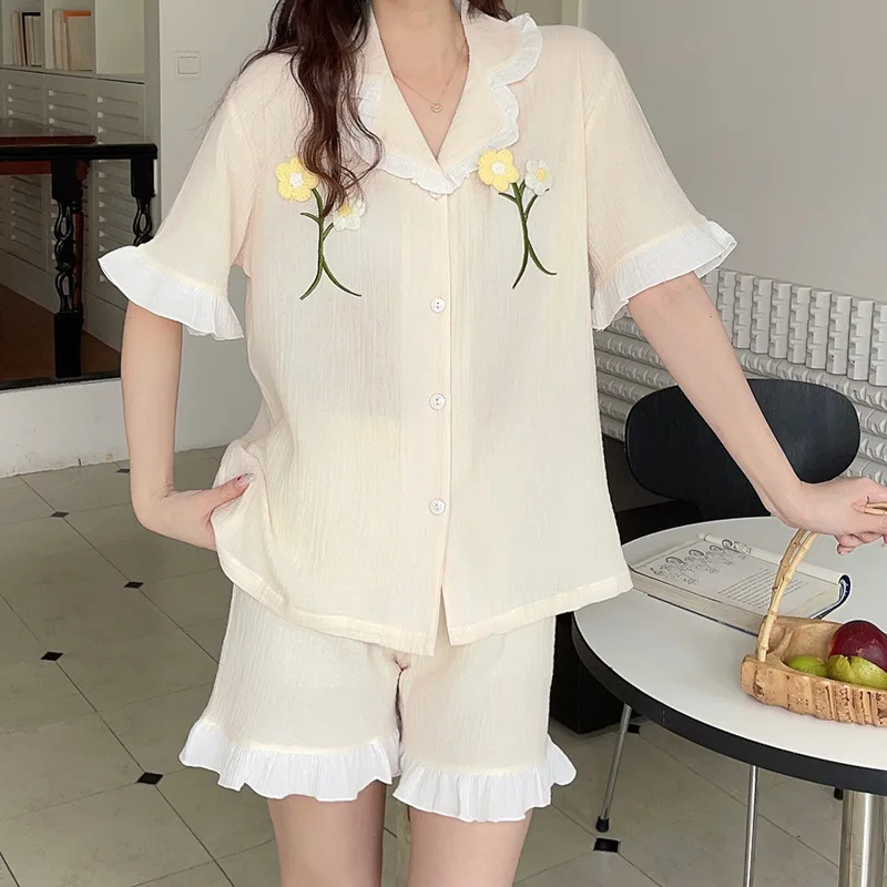 Sleepwear Women's Summer Double Layer Gauze Cardigan Short Sleeved Shorts Home Suit Can Be Worn Externally