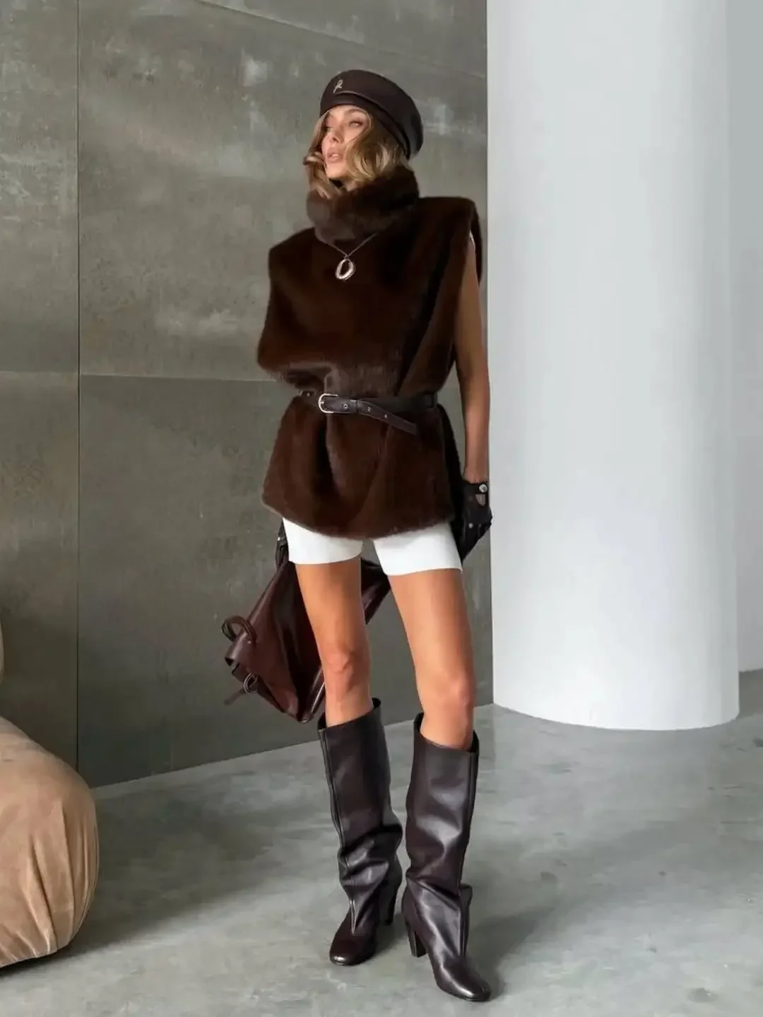 Casual Stand Collar Solid Fur Vest Women Chic Sleeveless Waist Cinching Lace Up Thick Top Fashion Lady New Business Commute Tops