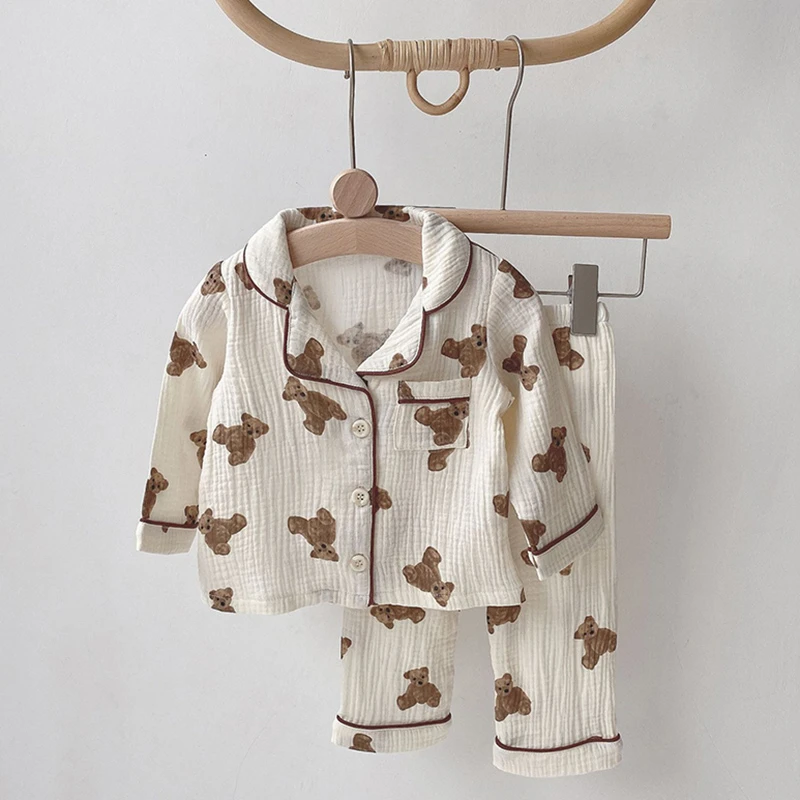 2pcs Infant Baby Boys Girls Pajamas Cotton Yarn Bear Print Long Sleeve Top Pant Kids Suit Nightgown Child Sleepwear Home Clothes pajama sets boy