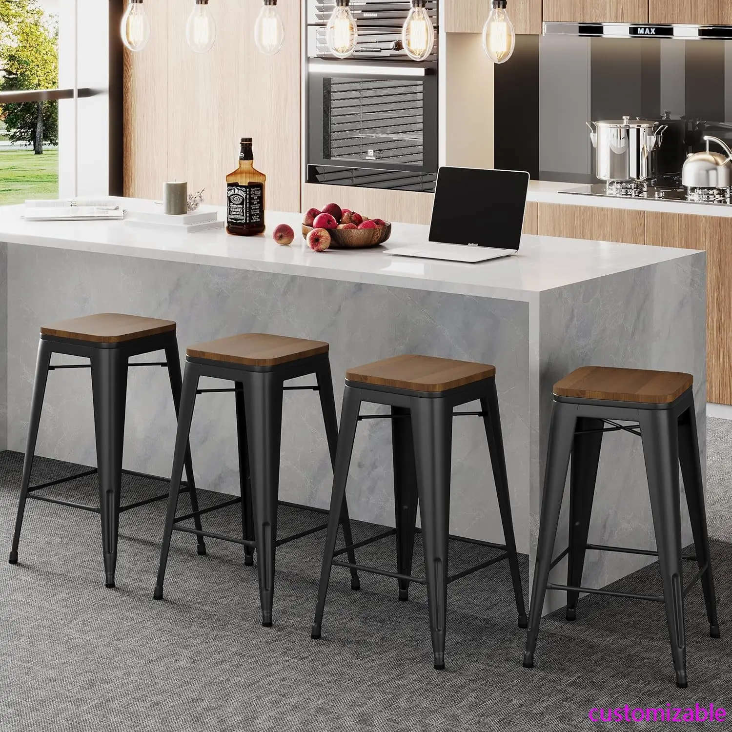 30" Metal Bar Stools Set of 4 Stackable Counter Height Barstools Backless Industrial Kitchen Bar Chairs with Wooden Seat-Matte