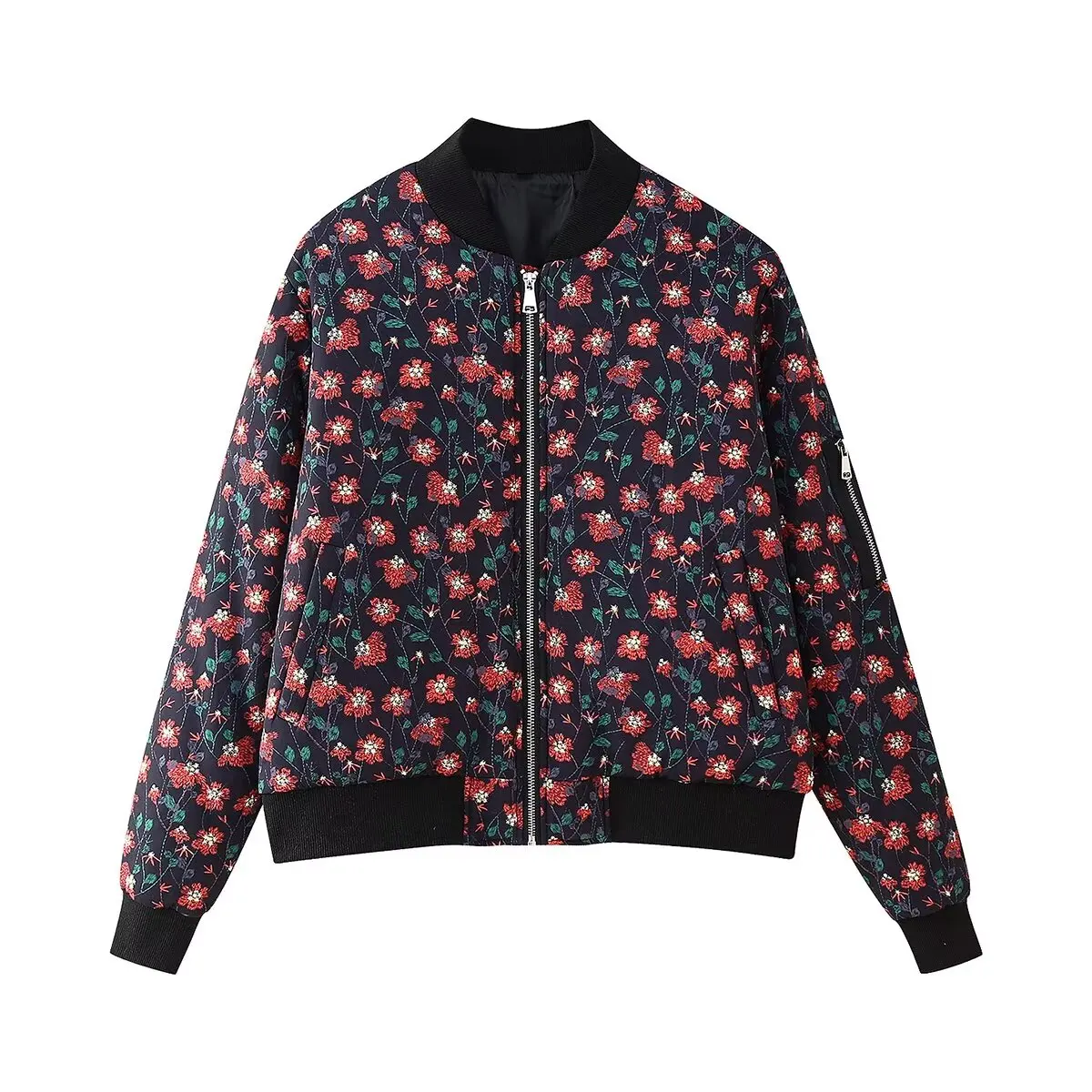 HH TRAF Chaqueta bomber de moda para mujer, otoño e invierno, chaqueta acolchada, elegante, de manga larga, con cremallera, bolsillo decorado, chaqueta cálida