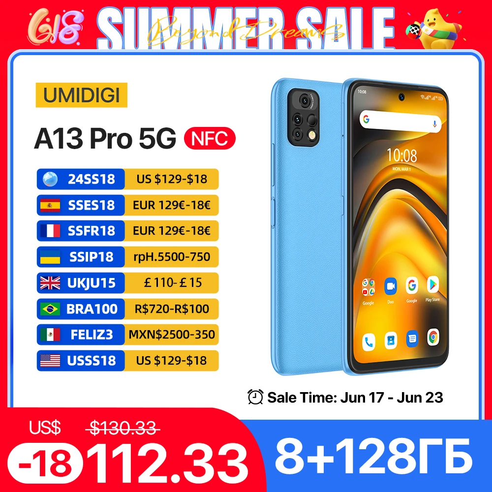 

In Stock UMIDIGI A13 Pro 5G Phone Android Smartphone Dimensity 700 90Hz 6.5'' FHD+ Display 8GB 128GB 48MP Triple Camera 5150mAh