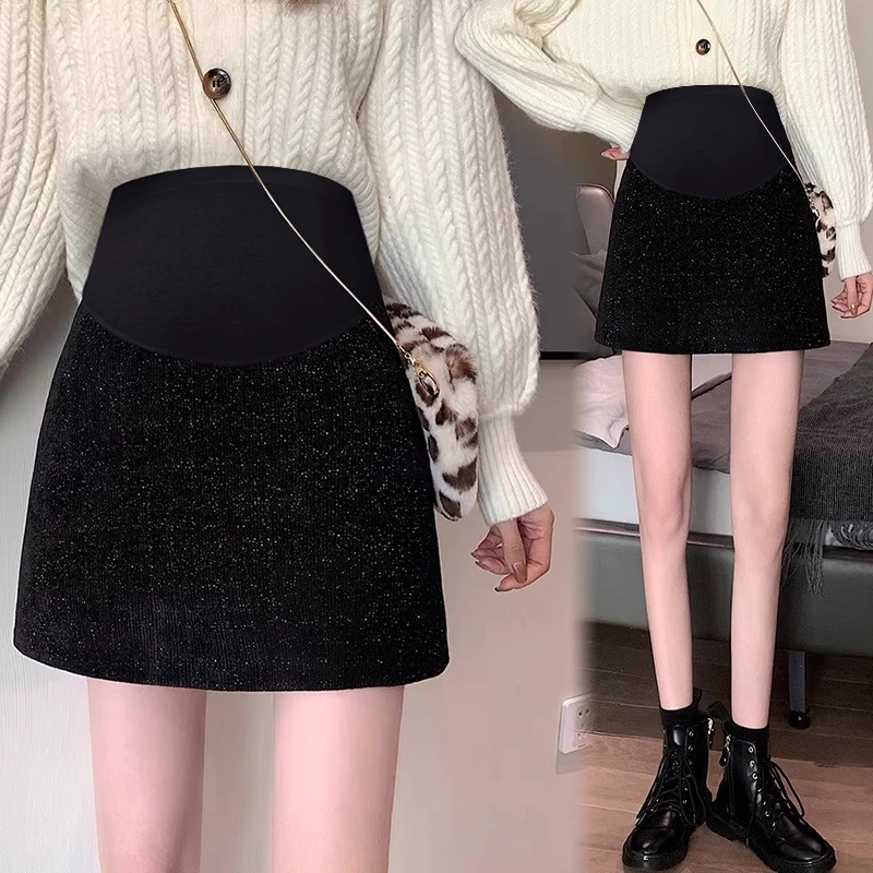 Japanese Style Pregnant Woman Belly Skirt Winter Black Elegant Office Lady Belly Skirts Slim Hips Maternity A-line Mini Skirts