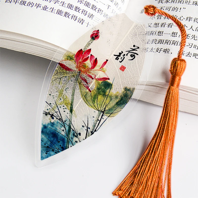 Chinese Leaf Design Bookmark com borlas para amigos, estudantes presente, estilo clássico marcadores para livros, material escolar