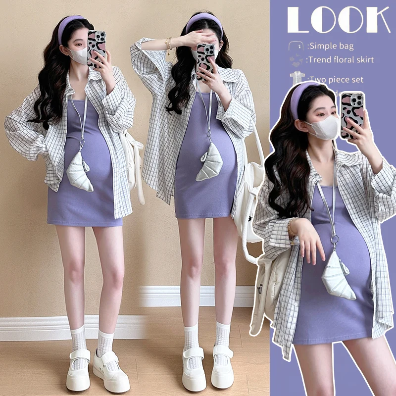 D68397# Blouse + Dress Maternity Clothes Thin Slip Dress Women Stylish New In Matching Sets Summer Slim 2 Pcs Clothing