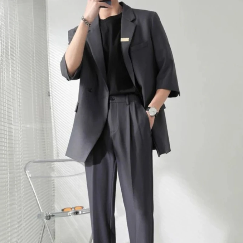 2 Piece Outfit Set Male Casual Korean Full Men's Suits and Blazers Business Trends Costumes Ceremony Clothes