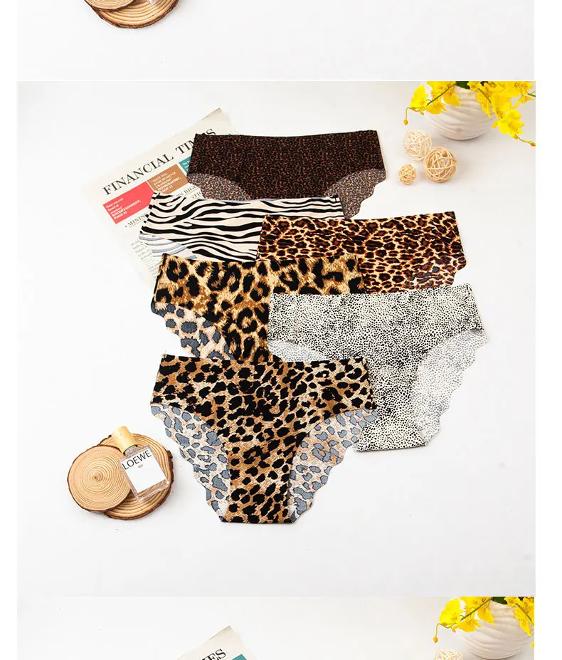 3pcs Women's Seamless Ice Silk Panties Female Mid Waist Plus Size Leopard Print Underwear Girls Fashion Brief Lady Comfort Panty
