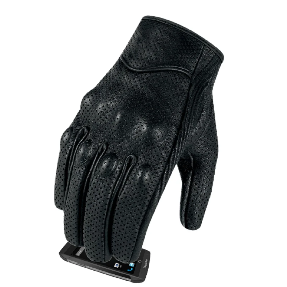 YGLONG Motorhandschoenen Retro lederen motorhandschoenen voor mannen en vrouwen, touchscreen, race- en rijhandschoenen, motorhandschoenen (Kleur: zwart geperforeerd, Maat: L
