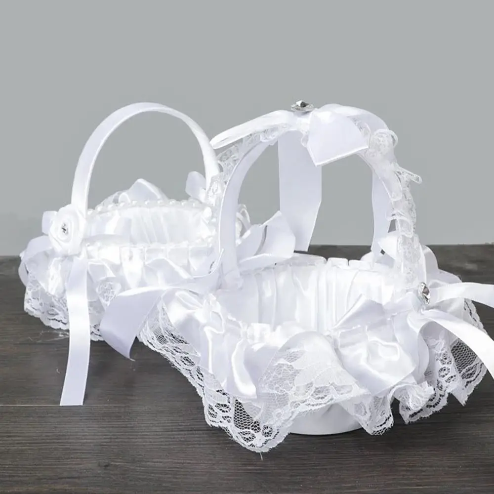 Zeremonie Strass Home Decor Spitze Perle Hochzeit Blumenkorb Blumenmädchen Korb Romantisch Weiß – Detail 8