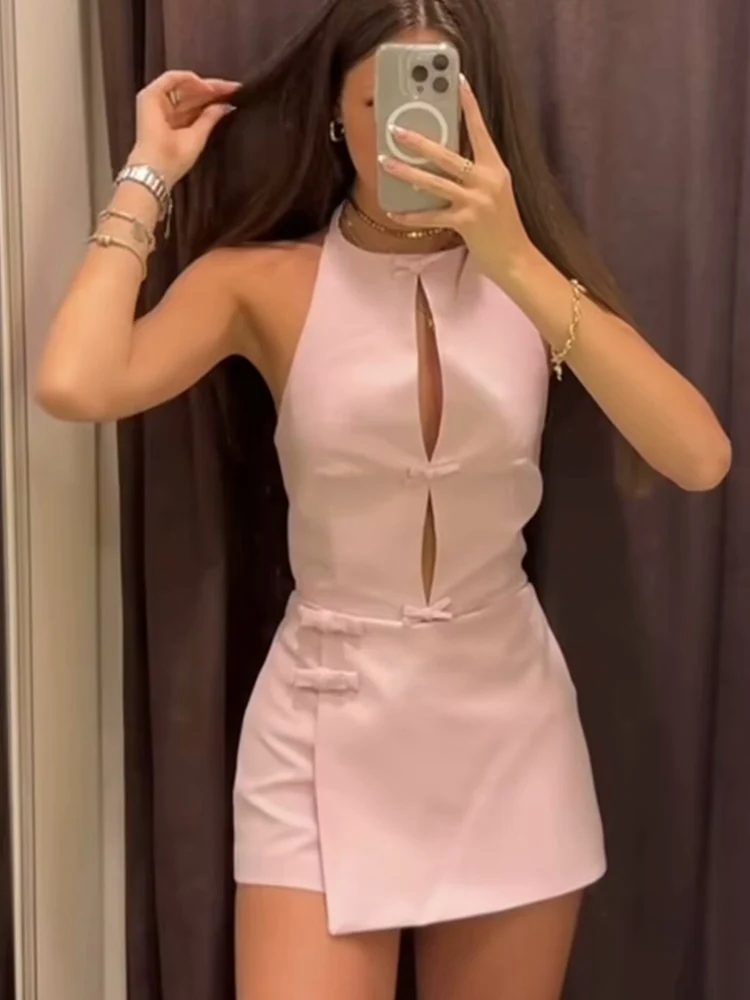 TFMLN Women's Sweet Bow Halter Vest Elegant Solid O-neck Sleeveless Off-shoulder Open Back Vintage Casual Tops Female New