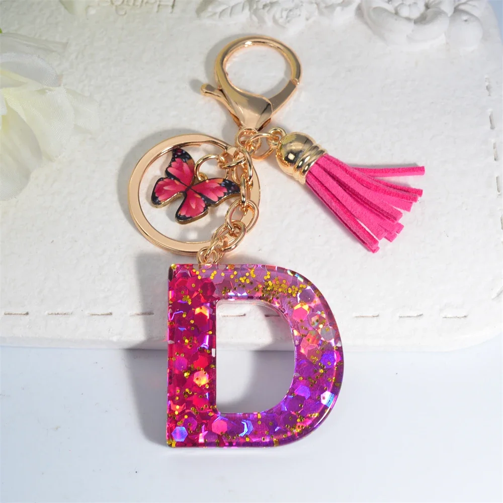 Letter N Keychain For Women - Orange Pink Sequins Resin Initial Pendant With Butterfly & Pink Tassel