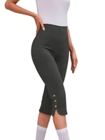 High-Waisted Elastic Seven-Foot Pants Women's Mid-Calf Trousers Base Layer Clothing with Button Detail - Image 3