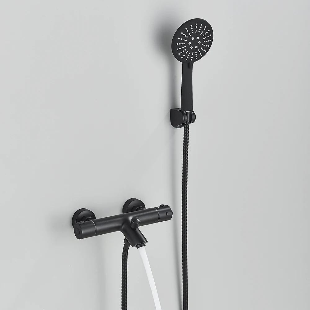 Black Thermostatic Bathroom Shower Faucet Dual Handle Bathtub Faucet Wall Mounted Mixer Tub Tap 2