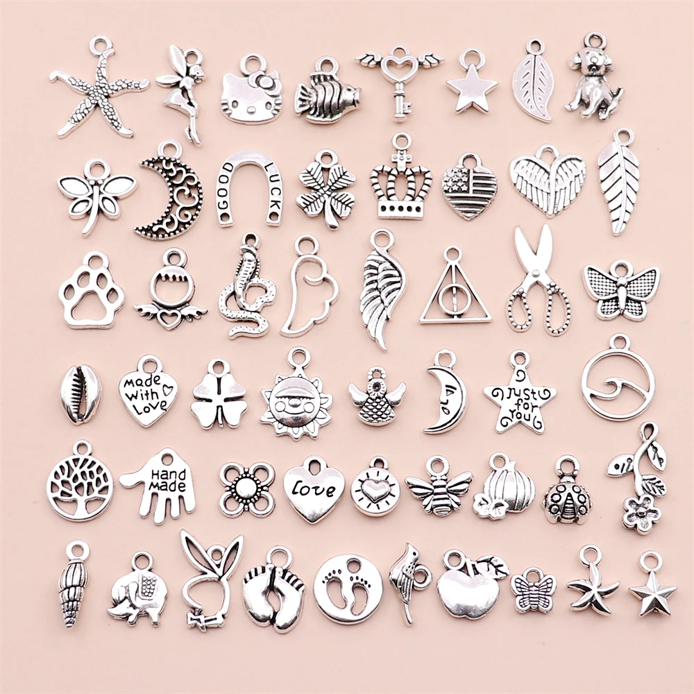 50pcs Mix Silver Plated Small Charms For Women's Pendant Necklace Diy
