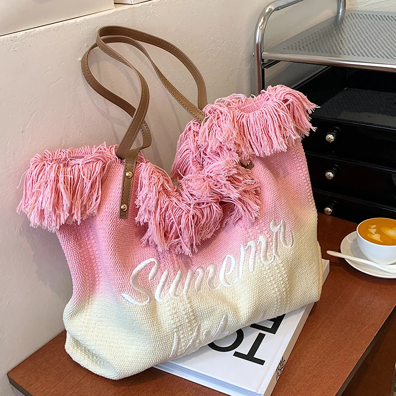 VeryMe Canvas Tassel Shoulder Bags Women's Tote Large Capacity Beach Handbags Fashion Designer Female Travel Pack תיק קנבס לנשים