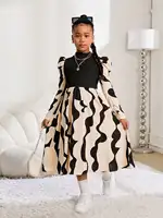 Robe géométrique à manches longues bouffantes pour fille, robe de princesse ample, élégante, vintage, décontractée, pour l'automne, pour 8 à 12 ans 4