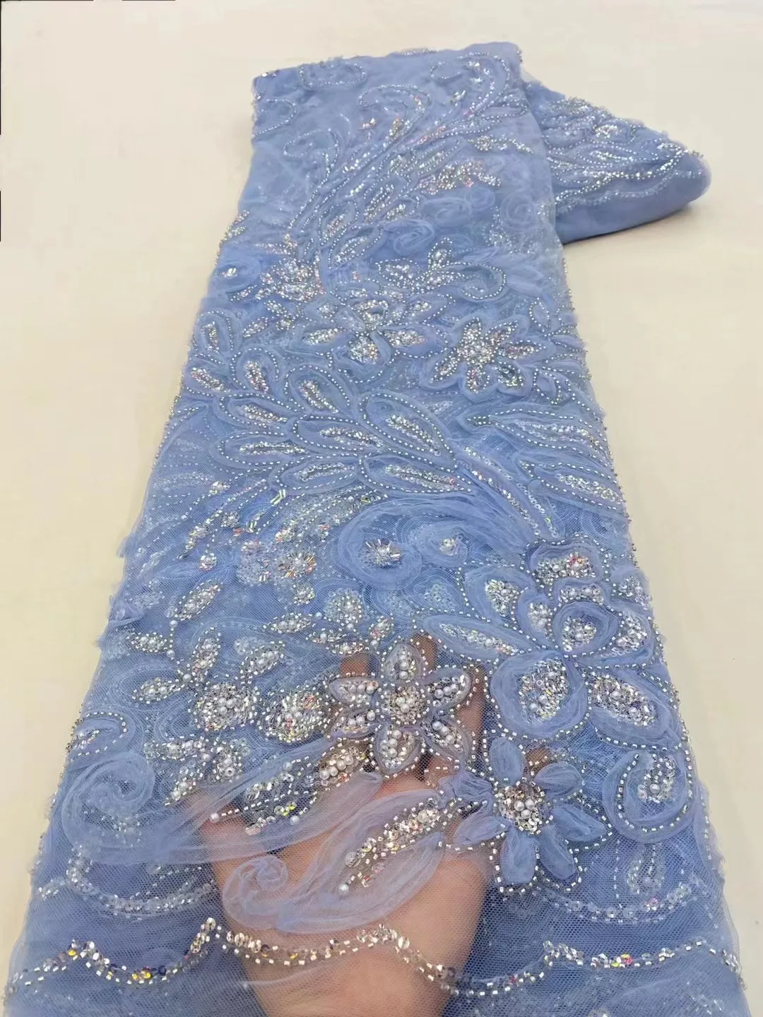 

African Lace Fabric 5Yards 2023 High Quality Embroidered Beads French Sequins 3D Lace Fabric For Wedding Dress