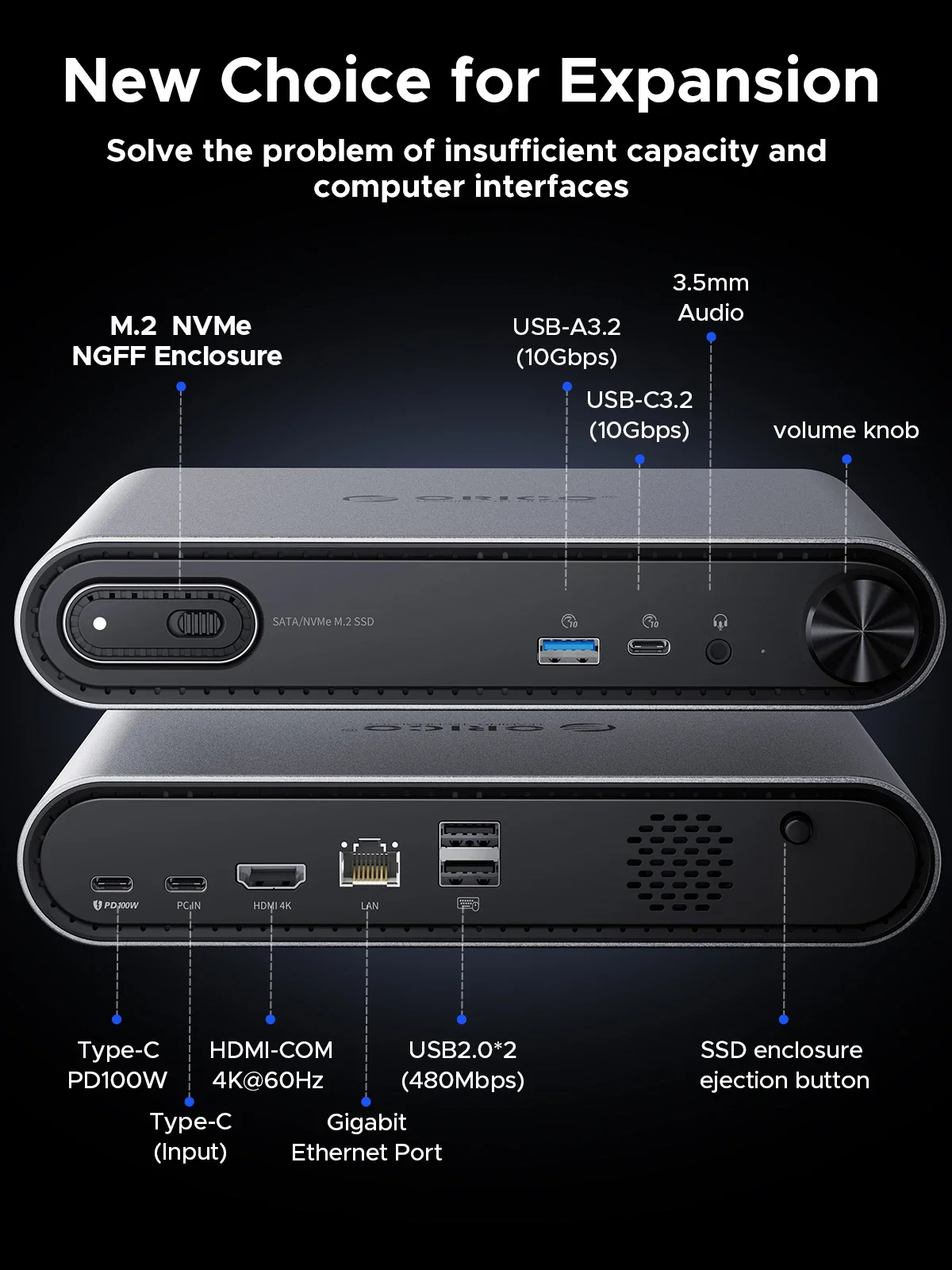 ORICO M.2 NVMe SSD Case 10 in 1 USB C Docking Dtation with PD100W Charging Ethernet 4K60Hz HDMI-com 3.5mm Audio Volume Control 2