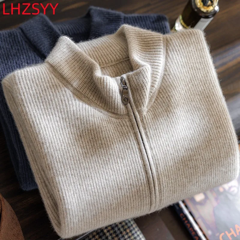 LHZSYY 남성용 100% 순수 캐시미어 니트 가디건, 청년 및 중년 하이엔드 상의, 스탠드 칼라, 느슨한 지퍼 재킷, 따뜻한 스웨터 코트