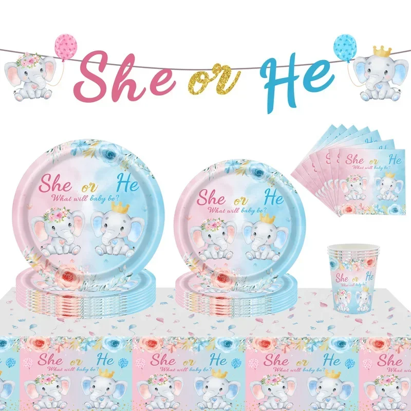 

Little Elephant Theme Gender Reveal Party Decoration Tableware Paper Cup Plate Napkins Banner Tablecloth Baby Shower Kids Favors