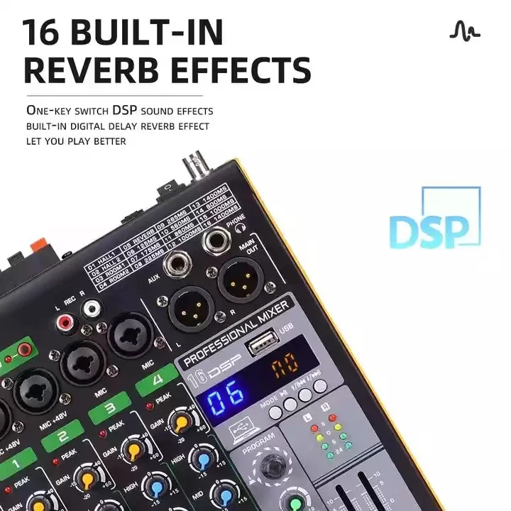 YYHC 휴대용 4 채널 16DSP 믹싱 콘솔, 무선 마이크 포함, DJ 믹서, USB 녹음, 48V 팬텀 파워 오디오 사운드
