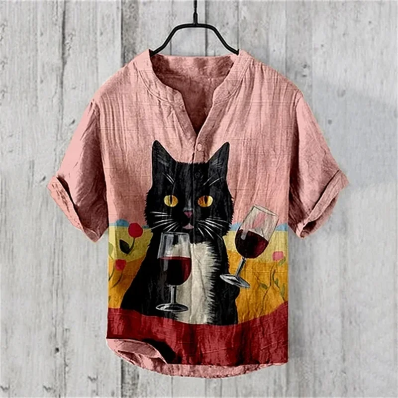 Brave men's casual shirt loose linen blend short sleeved V-neck top, summer new handsome shirt 5