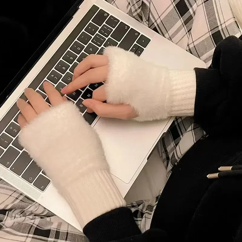 Autumn Winter Fleece Fingerless Gloves Women Plush Knitted Half Finger Gloves Wrist Mittens Driving Writting