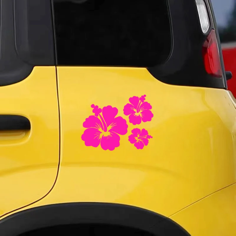 MAKTEM Hibiscus Pink Flower Decal For Cars Holographic Vinyl, Tropical Hawaiian Flower, Waterproof Auto Accessories, Summer Decorative Sticker For Case, Waterbottle, Window, Mirror, 1PC (Pink
