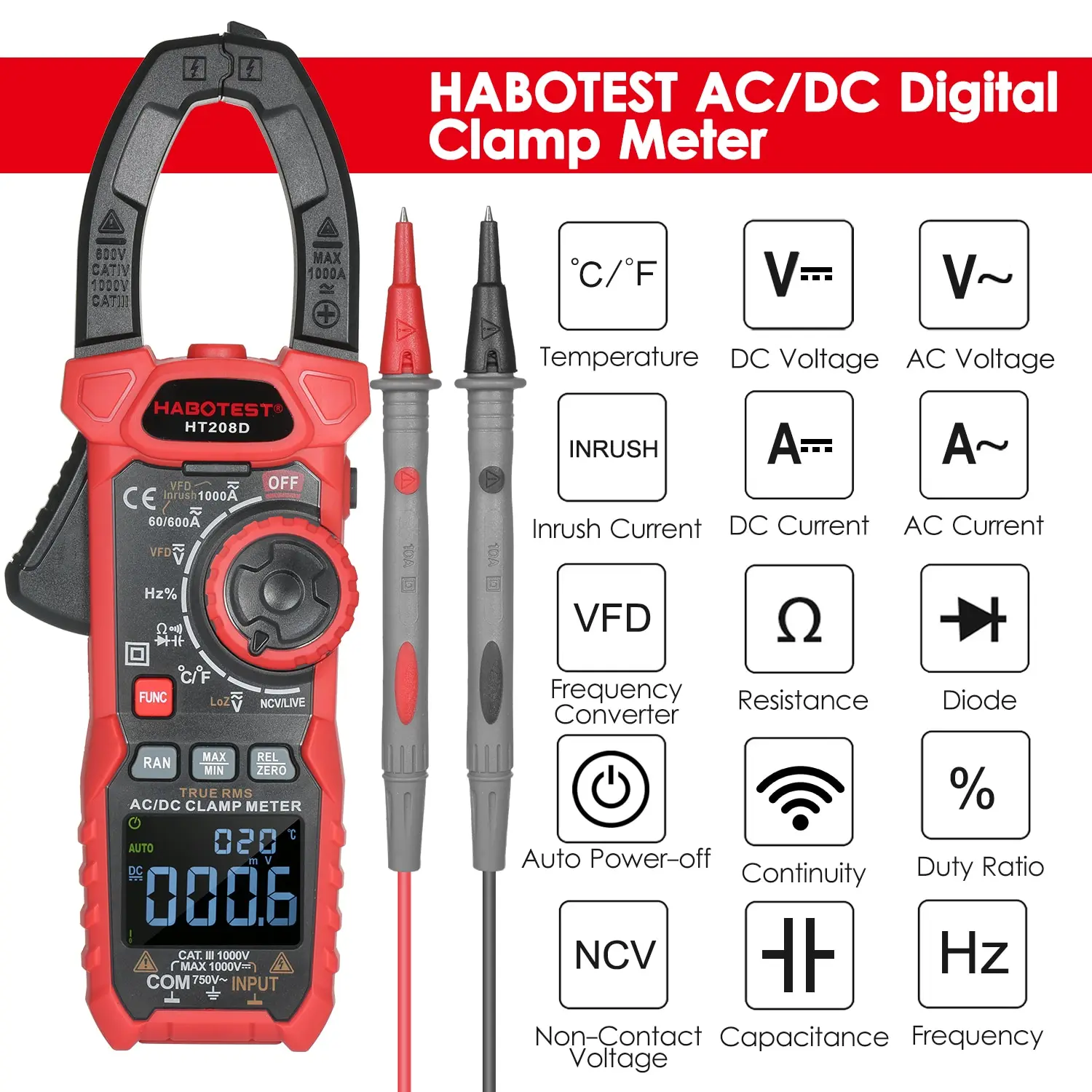 HABOTEST HT208D AC/DC Digital Clamp Meter True-RMS Multimeter Anto-Ranging Tester Current Clamp with Amp Volt Ohm Diode digital multimeter clamp meter