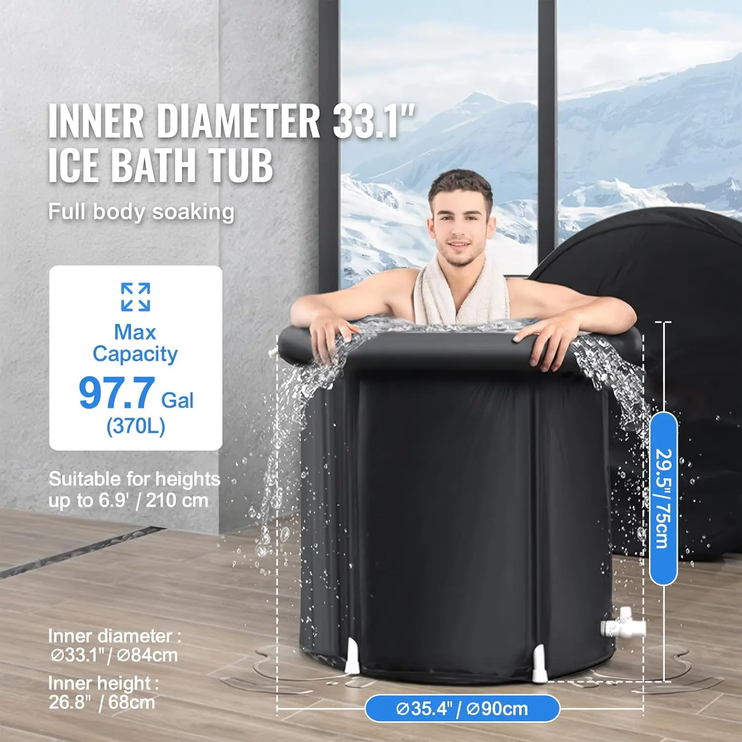 Ice Bath Tub - Cold Therapy for Athlete Recovery, Portable Outdoor Inflatable Folding Tub, 98 Gal, with Cover, 35.4"Lx30"H,Ideal