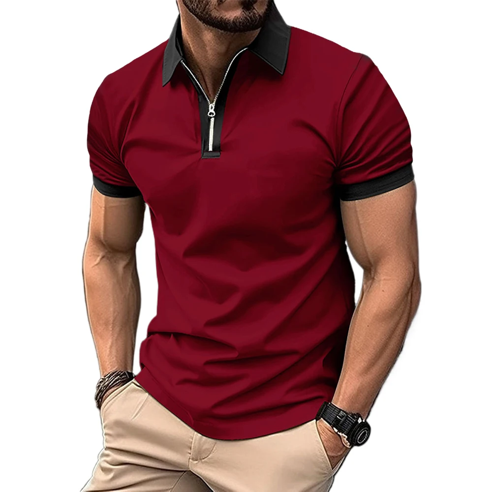 Summer Men's Splice Color Polo Shirt Short Sleeve Zipper Tshirts for Men Lapel Breathable Streetwear New Male Jogger Tops