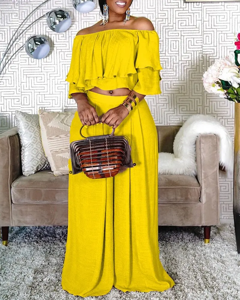

African Suit African Clothes for Women Summer Polyester African Women Short Sleeve Solid Color Two Pieces Sets Top and Long Pant